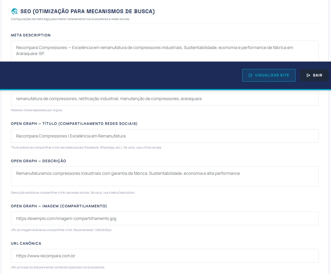 IMAGEM 15 — Configurações de SEO